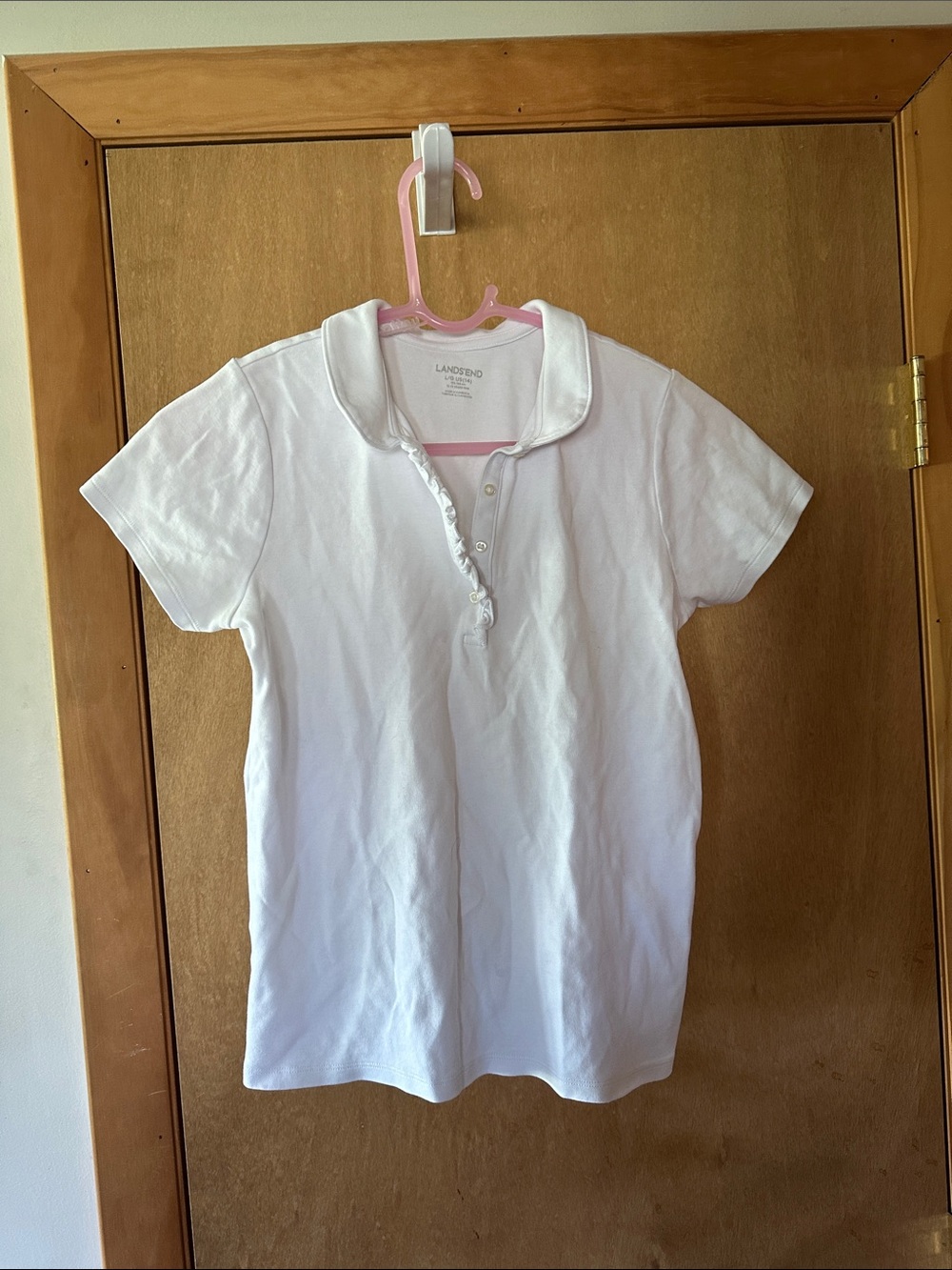 Lands' End White Girls' Short-Sleeve Polo with Ruffled Placket